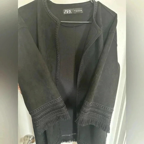 Zara suede fringe boho oversized kimono black whimsygoth size S - Picture 4 of 9